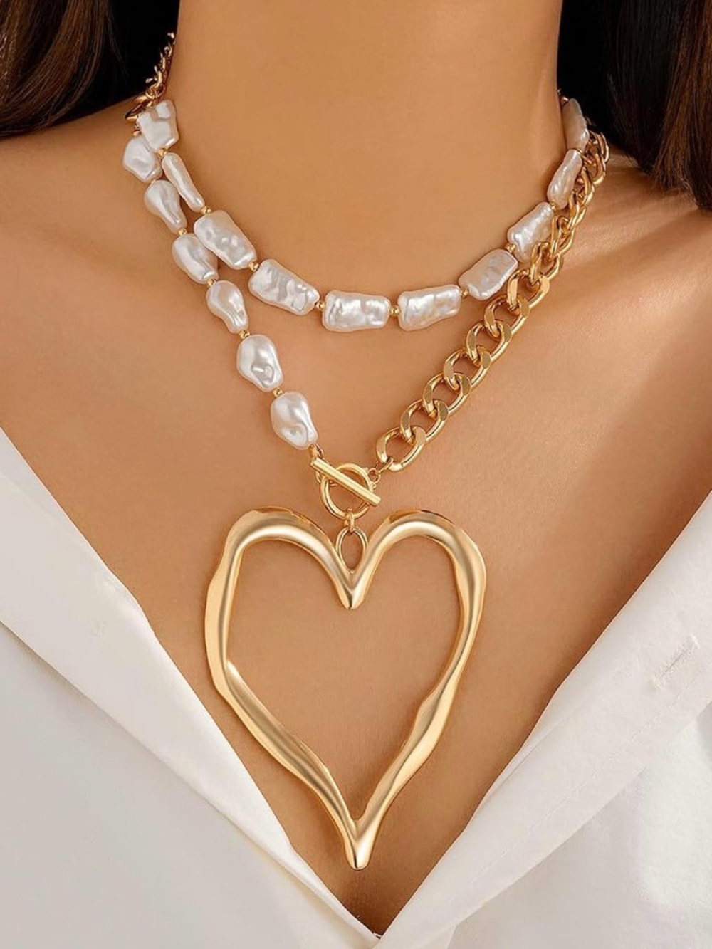 New Gold Heart Pendant Layered Pearl & Chain Necklace - Women Jewelry